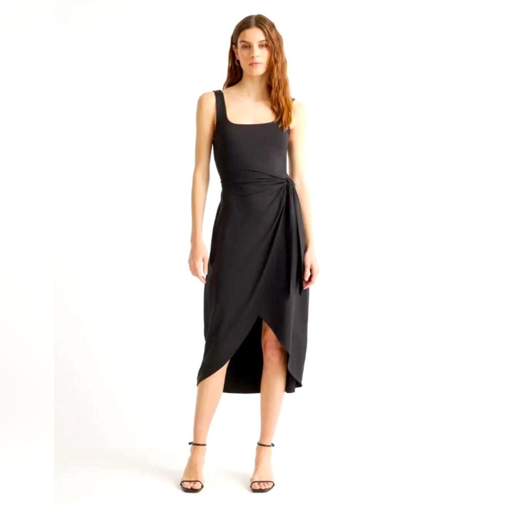 Quince Black Tencel Jersey Side Tie Dress Sleeveless Midi Wrap sz M Women's NWT